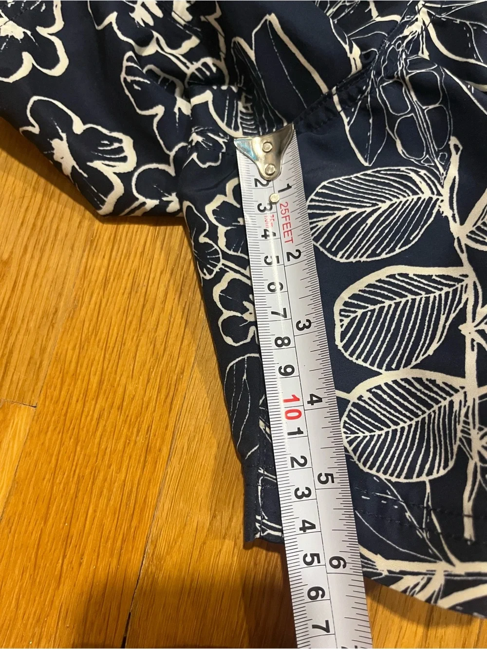 Lands' End Navy Blue Floral Swim Trunks with White Print and Orange Drawstring